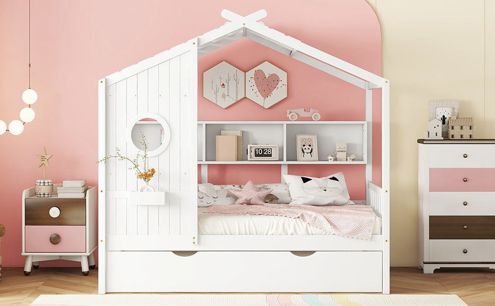 Wooden Twin Size House Bed With Trundle, Modern Design for Kids with Storage Shlef, White(old SKU HL000094AAK)