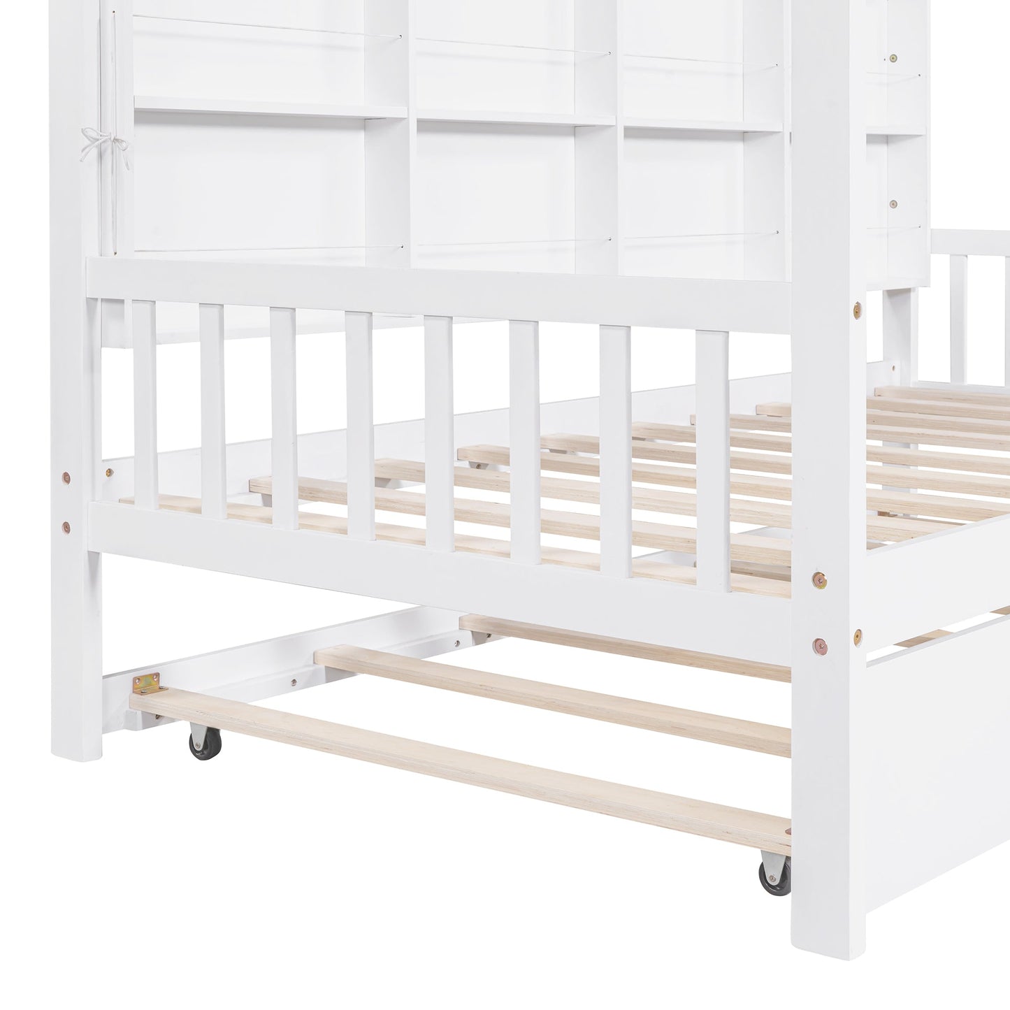 Wooden Twin Size House Bed with Trundle,Kids Bed with Shelf, White (Old SKU: WF297071AAK)
