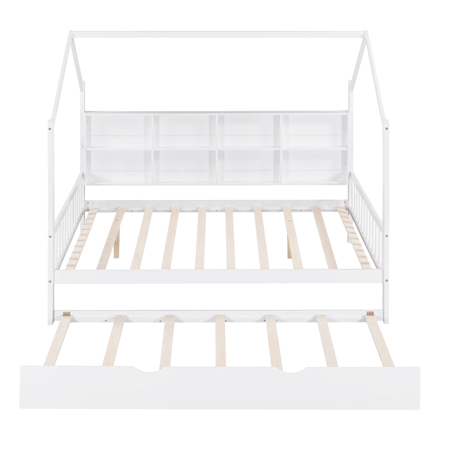 Wooden Full Size House Bed with Trundle,Kids Bed with Shelf, White (Old SKU: WF297070AAK)