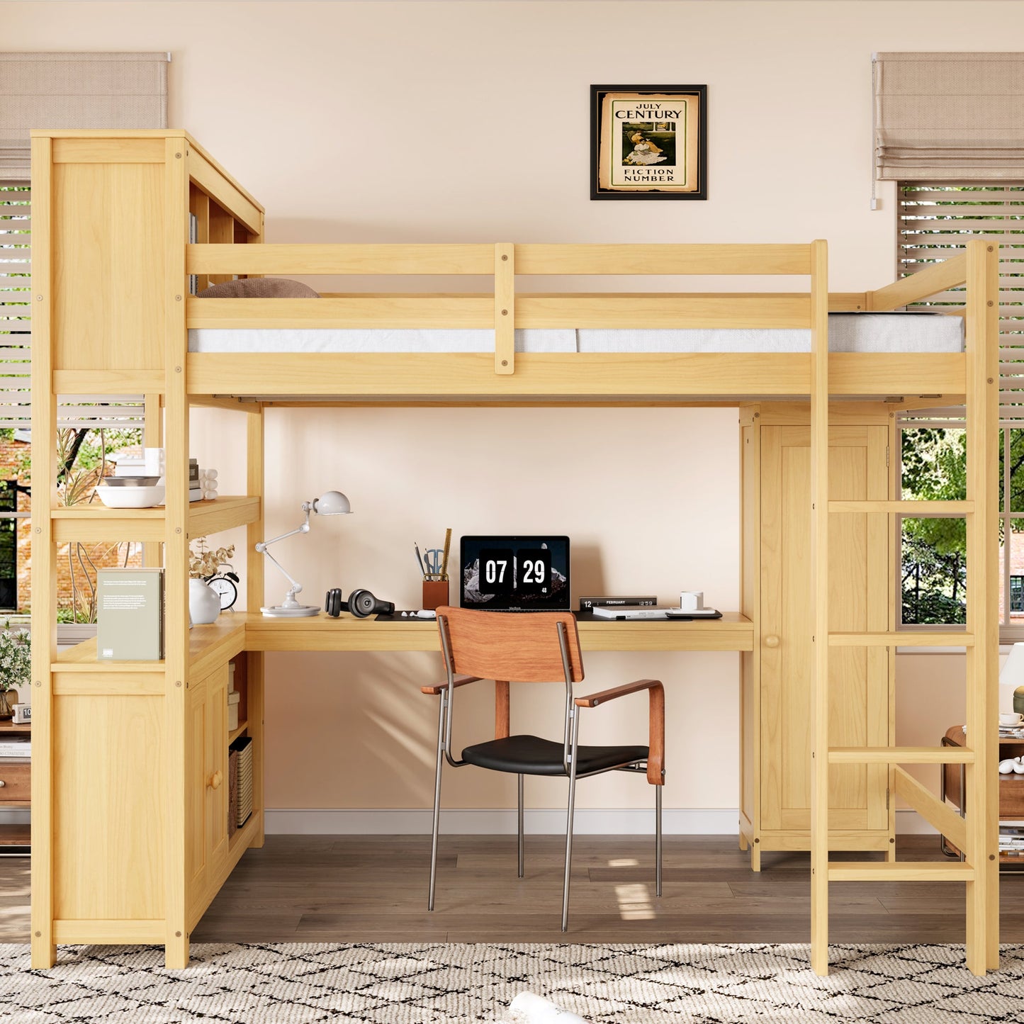 Wood Loft Bed with Cabinet and Bookshelf, Queen Size Loft with Wardrobe and Desk for Kids,Natural