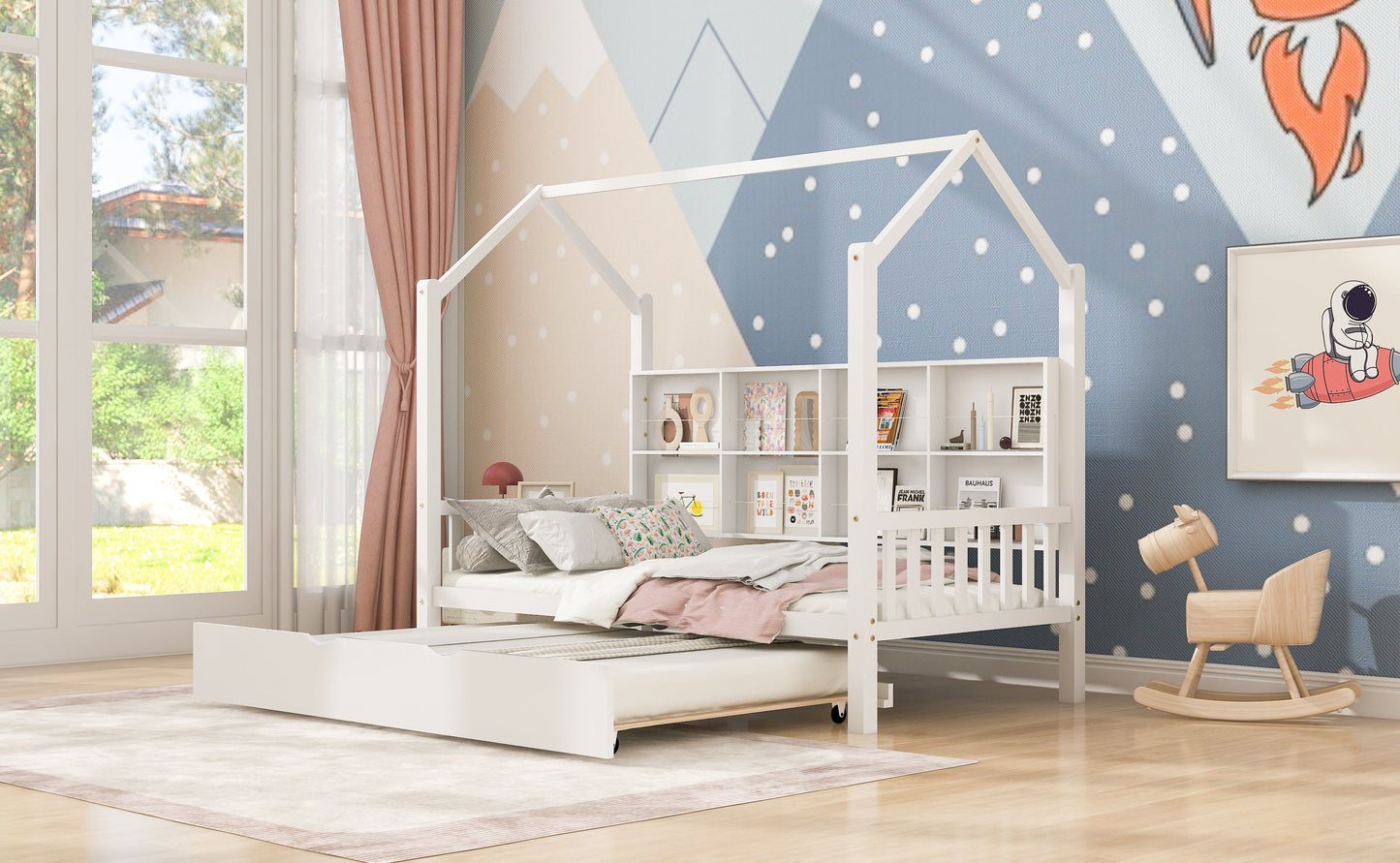 Wooden Twin Size House Bed with Trundle,Kids Bed with Shelf, White (Old SKU: WF297071AAK)