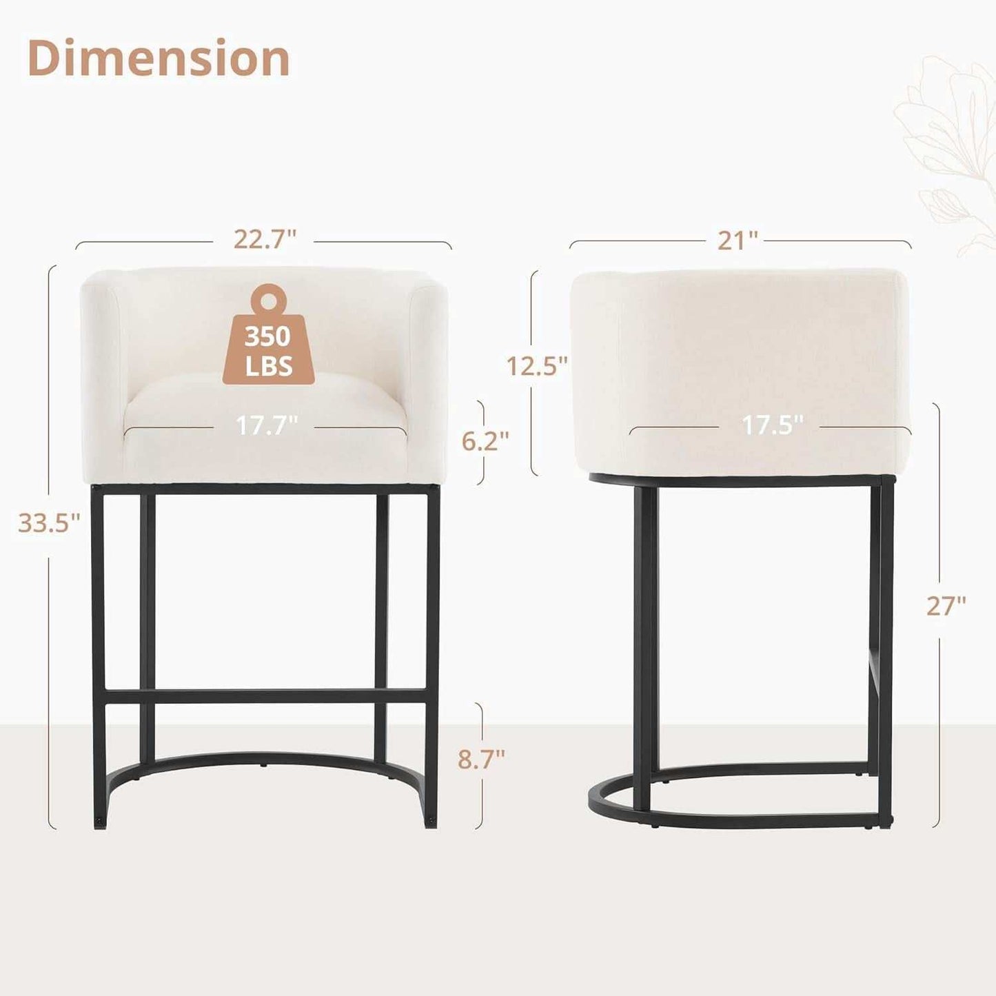 27 Inch Counter Height Bar Stools Set Of 4 With Backrest And Armrests Beige Linen Upholstery Black Metal Frame