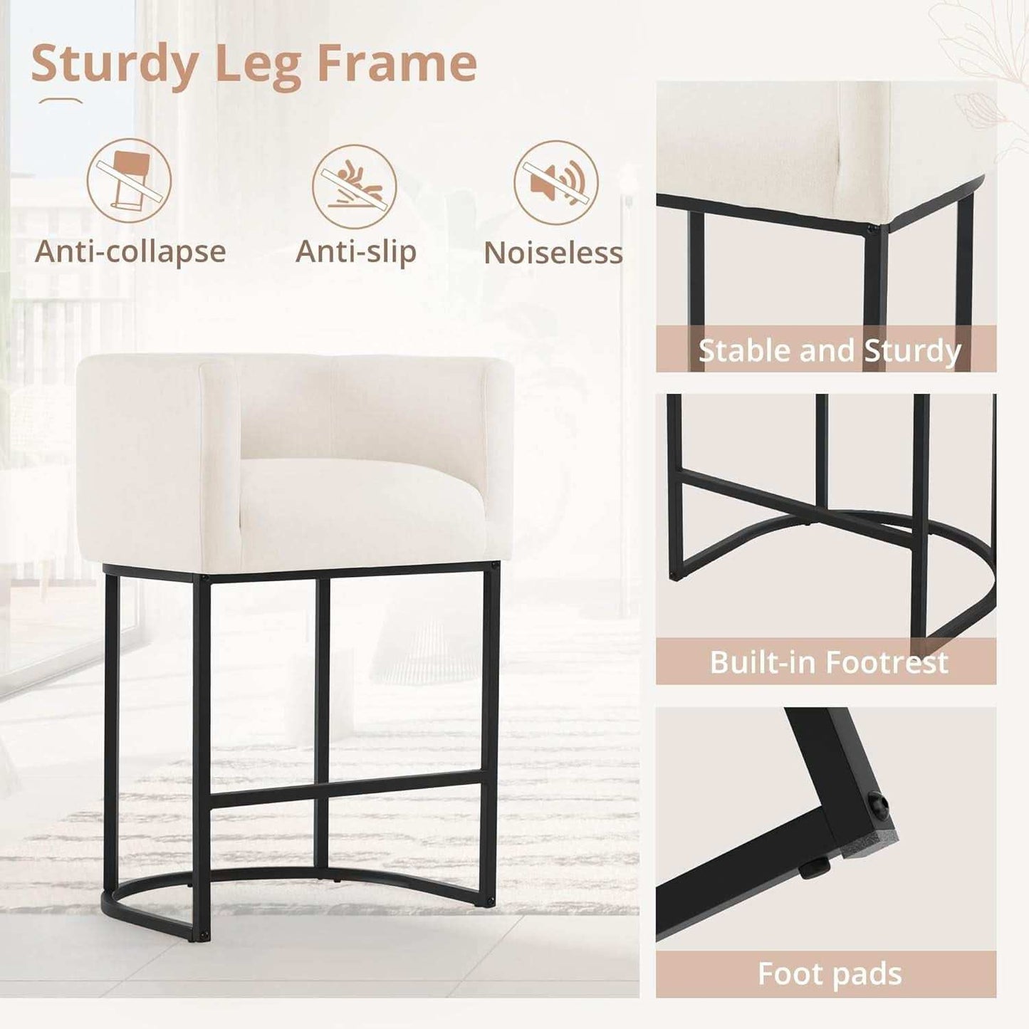 27 Inch Counter Height Bar Stools Set Of 4 With Backrest And Armrests Beige Linen Upholstery Black Metal Frame