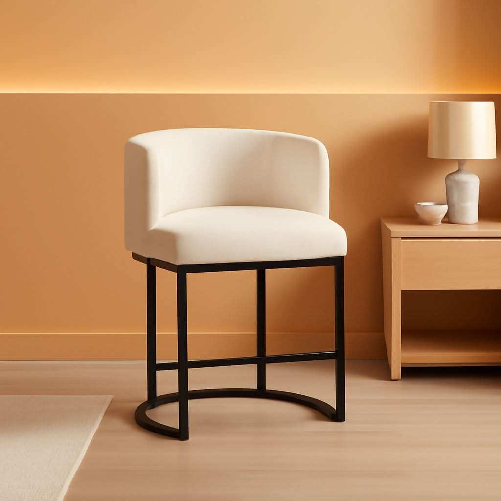 27 Inch Counter Height Bar Stools Set Of 4 With Backrest And Armrests Beige Linen Upholstery Black Metal Frame