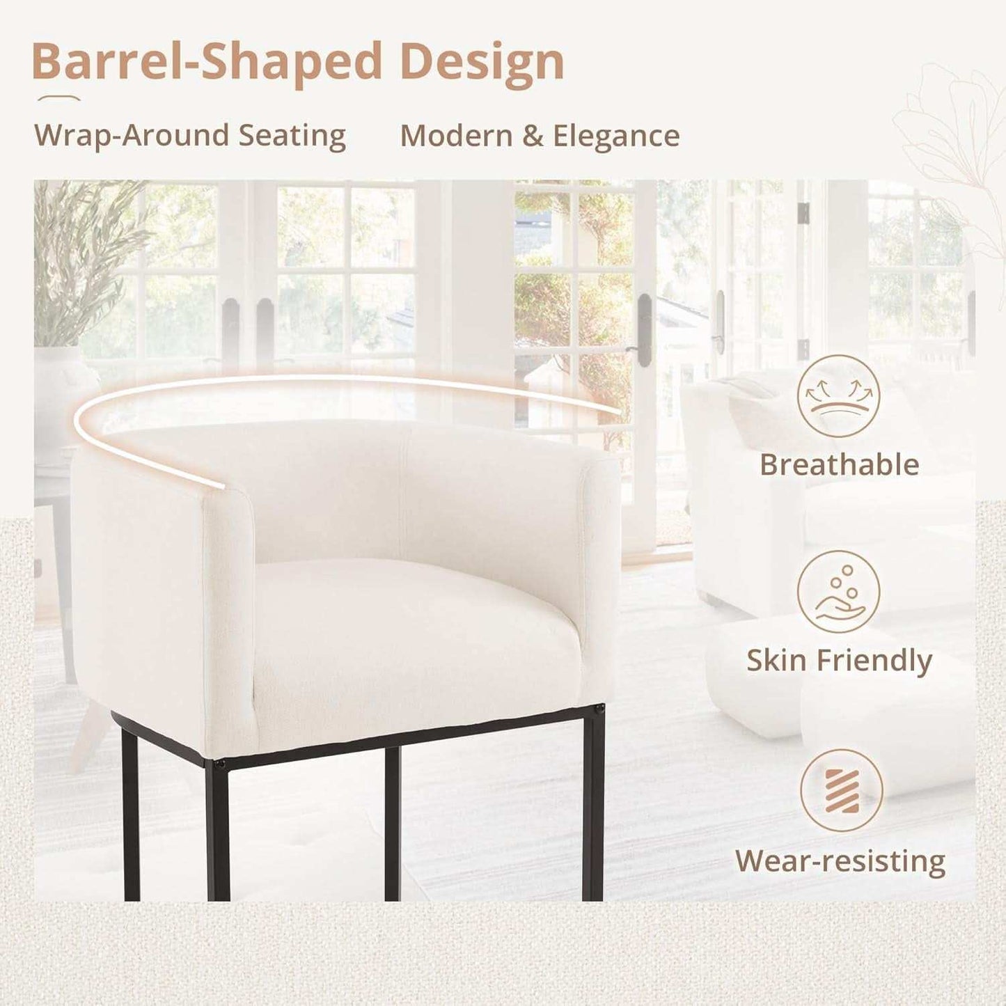 27 Inch Counter Height Bar Stools Set Of 4 With Backrest And Armrests Beige Linen Upholstery Black Metal Frame