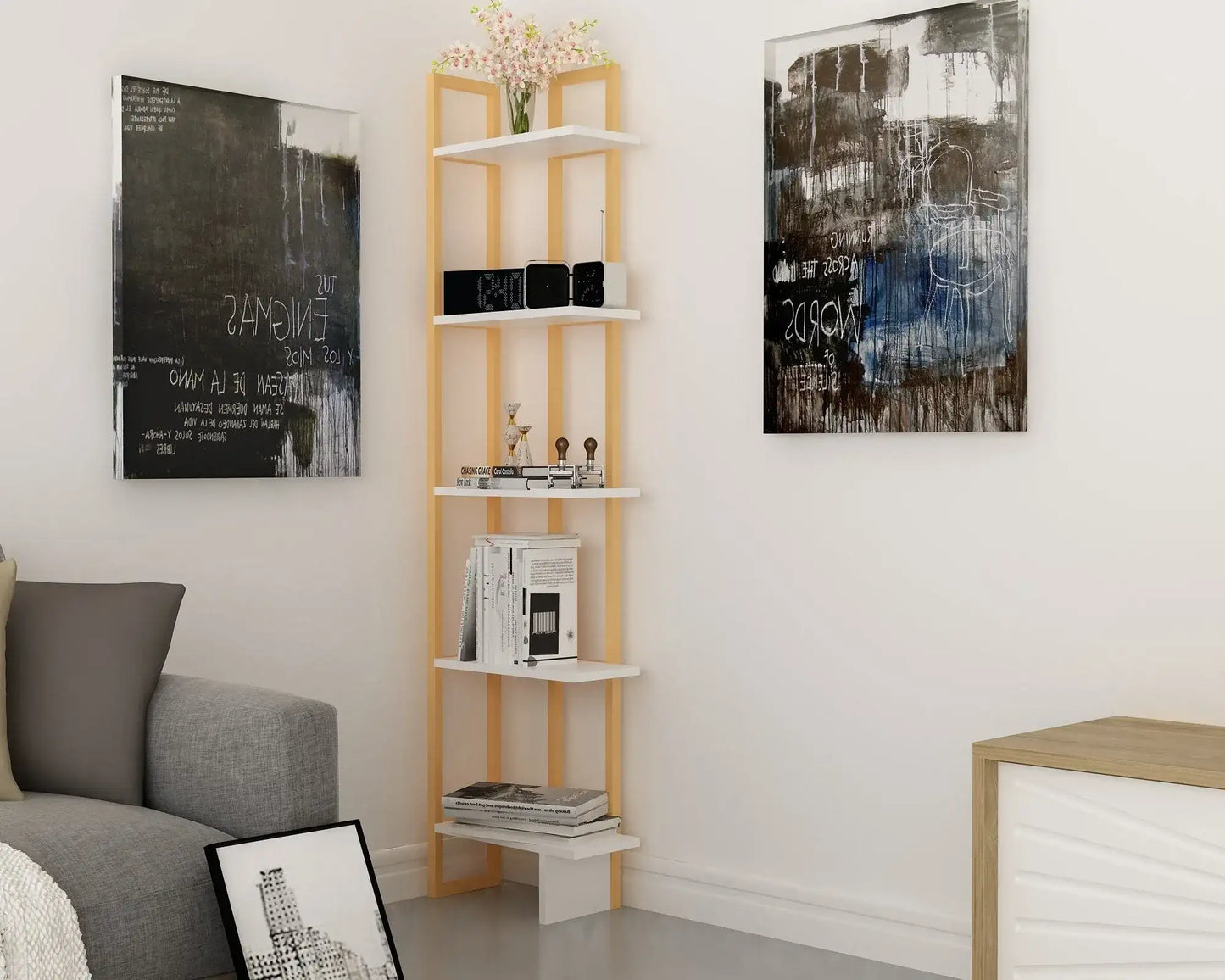 Alice 71" Tall Metal Manufactured Wood Bookcase | Corner Bookcase