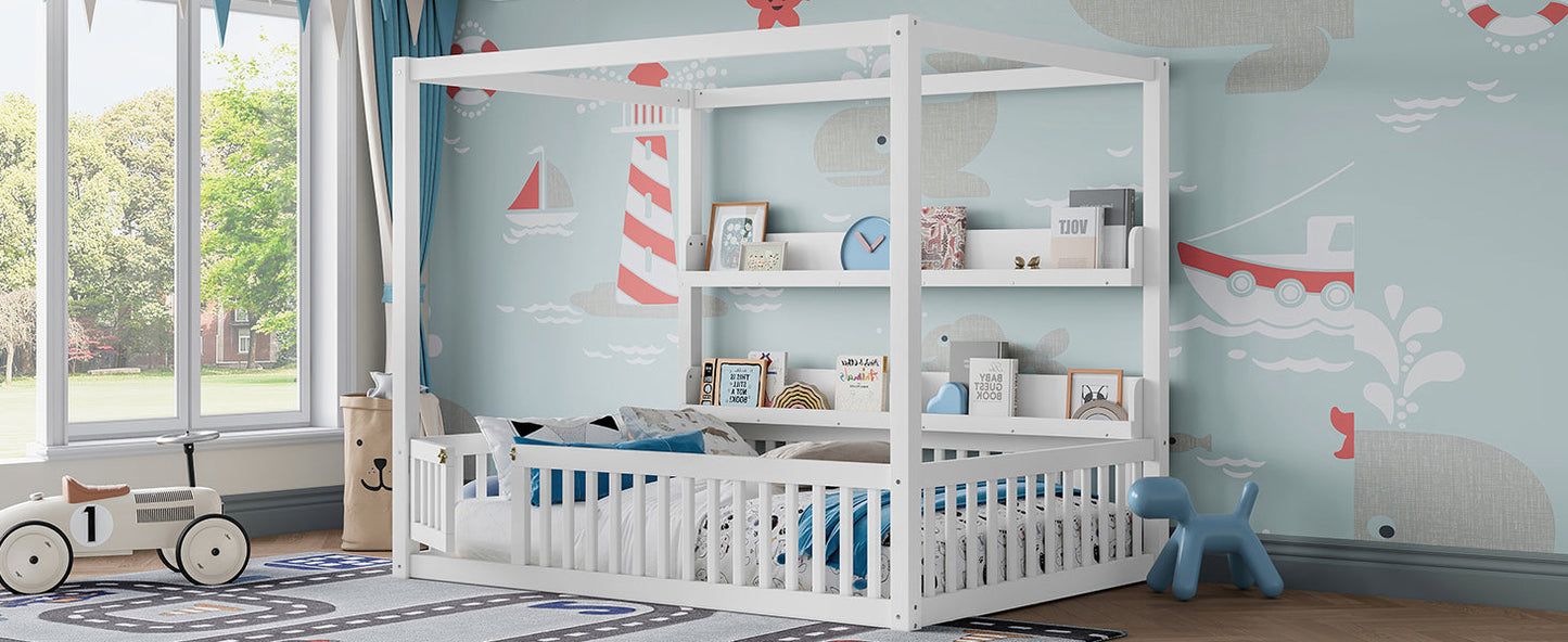 Full Size Canopy Bed with Guardrails, Solid Wood Floor Bed with Shelves, Montessori Floor Bed Frame for Kids, Boys, Girls, No Spring Box Needed, White