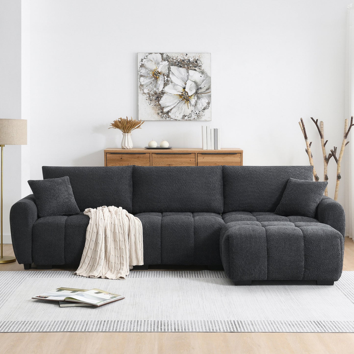 110' Modular Sectional Sofa, L Shape with Extra-large Seat, Pull-line Design, Movable Ottoman, High Density Foam, Free Combination, Sturdy Metal&Wood Frame, Boucle Fabric, 3 Colors