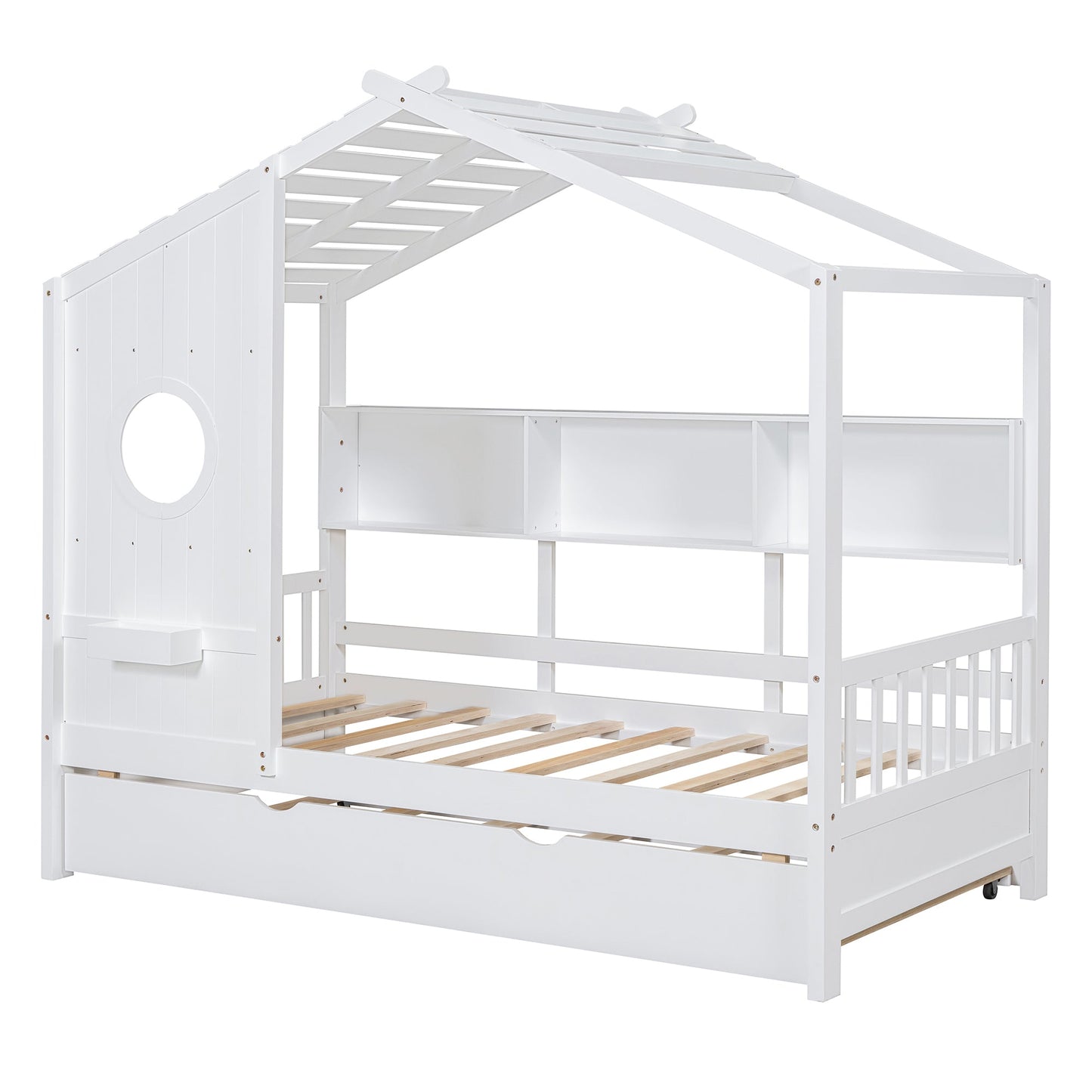 Wooden Twin Size House Bed With Trundle, Modern Design for Kids with Storage Shlef, White(old SKU HL000094AAK)