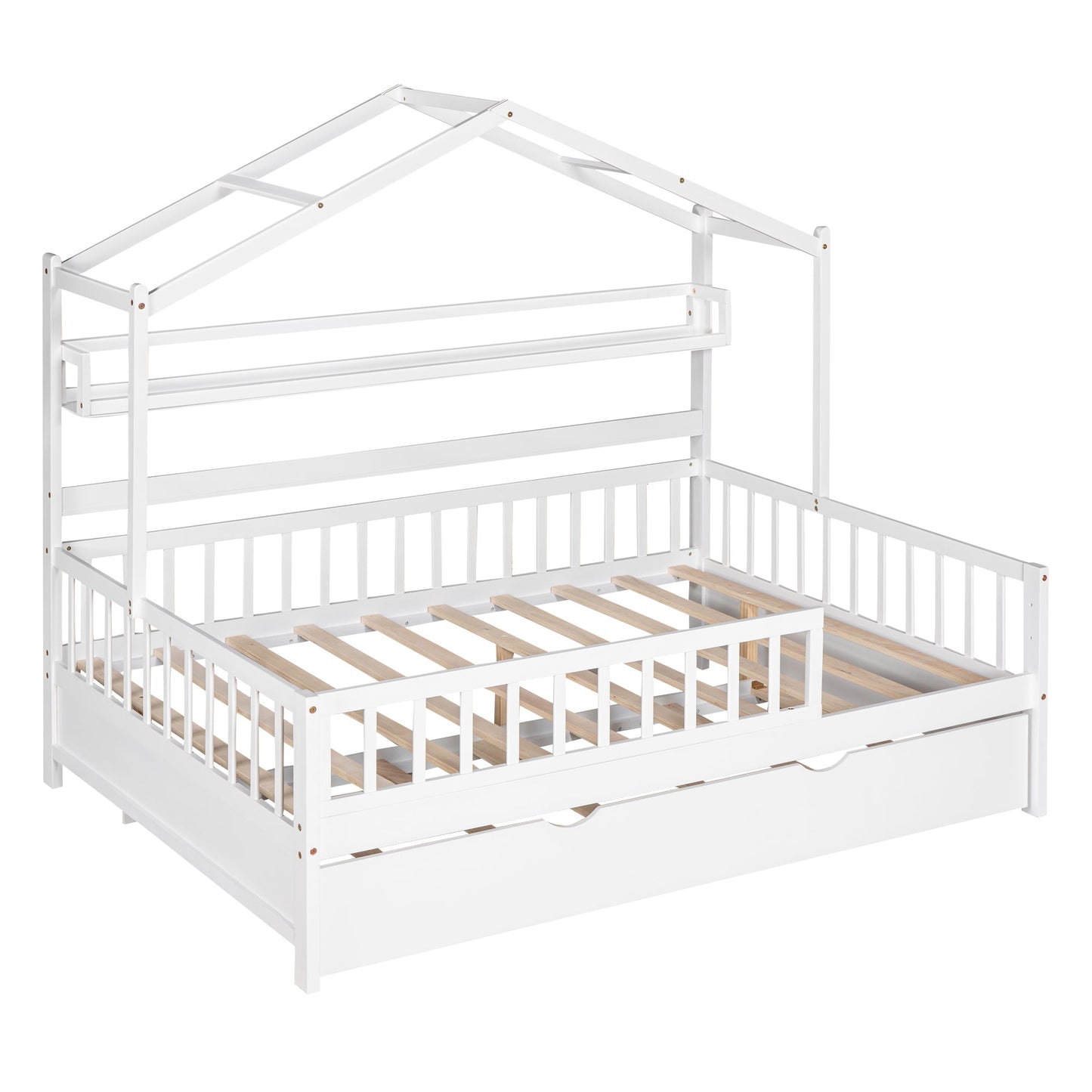 Wooden Full Size House Bed with Twin Size Trundle,Kids Bed with Shelf, White(Old SKU:WF301683AAK)