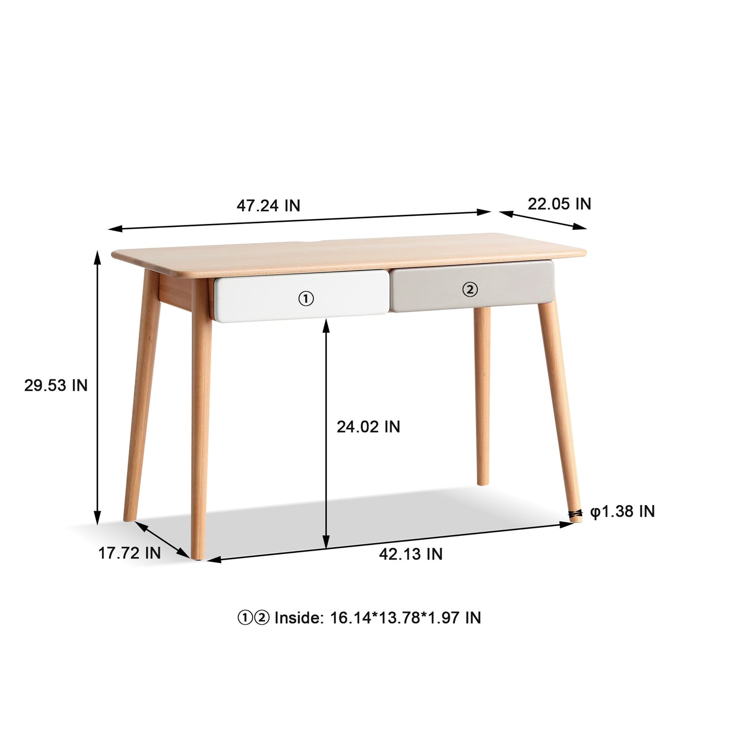 Modern Simple Style Solid Wood Computer Desk with 2 Drawers and Gap Design in Beech, 47''
