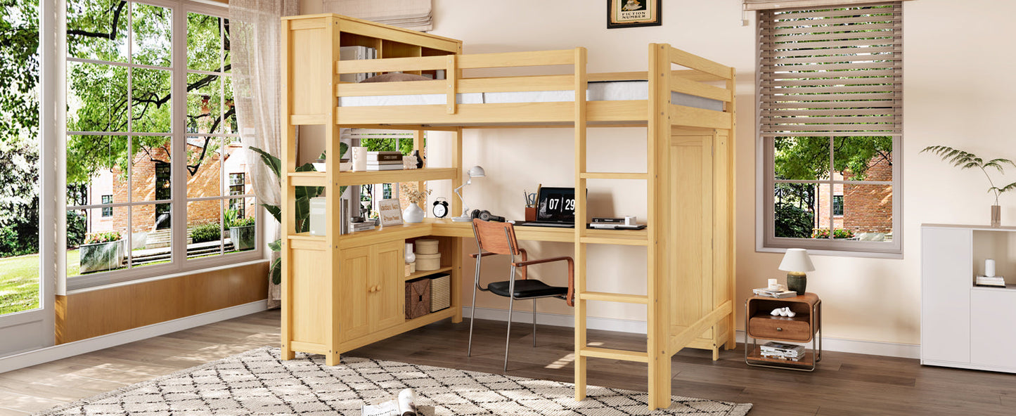 Wood Loft Bed with Cabinet and Bookshelf, Queen Size Loft with Wardrobe and Desk for Kids,Natural