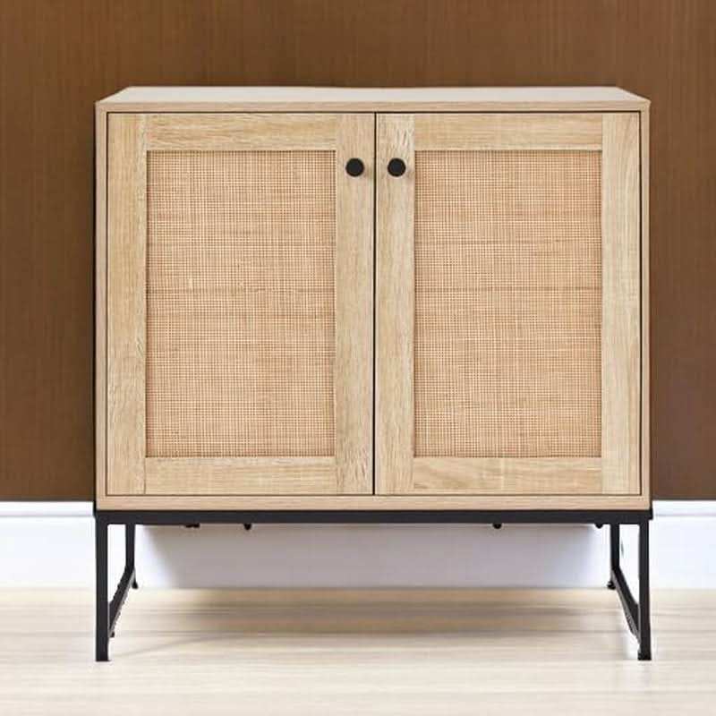Two Door Rattan Storage Cabinet Natural Finish With Non Scratch Foot Pads For Living Room Hallway Kitchen