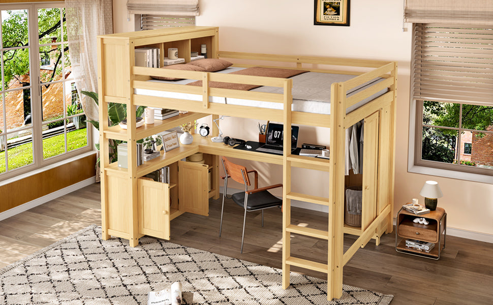 Wood Loft Bed with Cabinet and Bookshelf, Queen Size Loft with Wardrobe and Desk for Kids,Natural