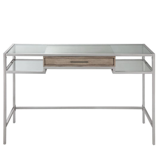 Adela Writing Desk Contemporary Style Silver Finish Metal and Tempered Glass 48 x 24 Inches