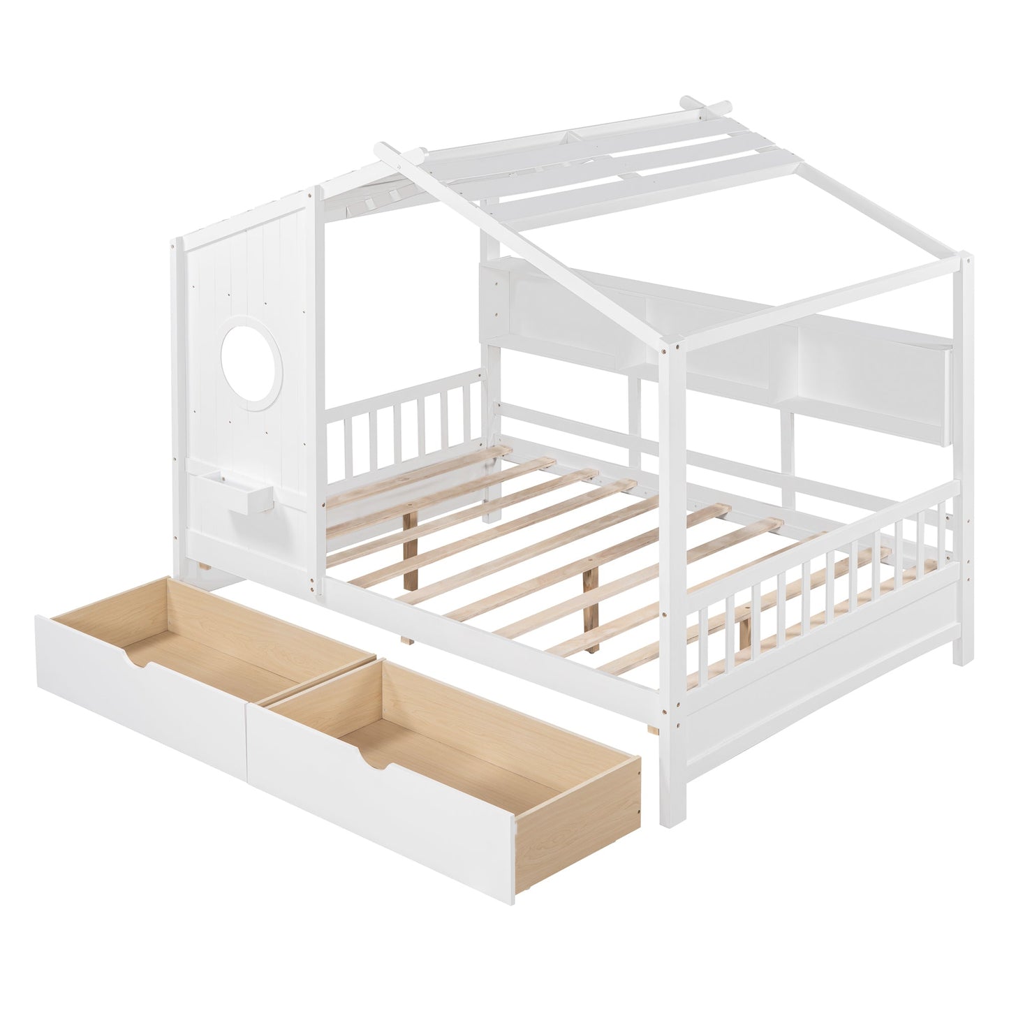 Wooden Full Size House Bed with 2 Drawers,Kids Bed with Storage Shelf, White(Old SKU: HL000052AAK)