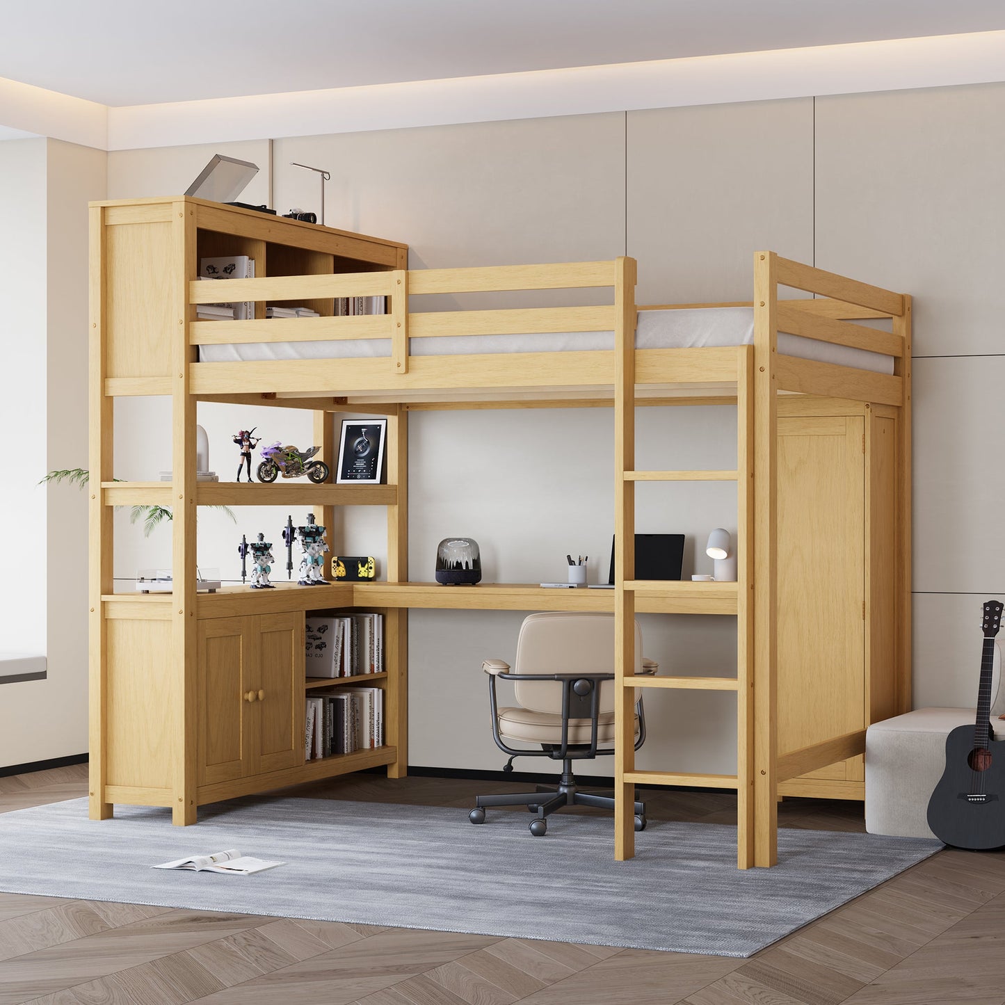Wood Loft Bed with Cabinet and Bookshelf, Queen Size Loft with Wardrobe and Desk for Kids,Natural