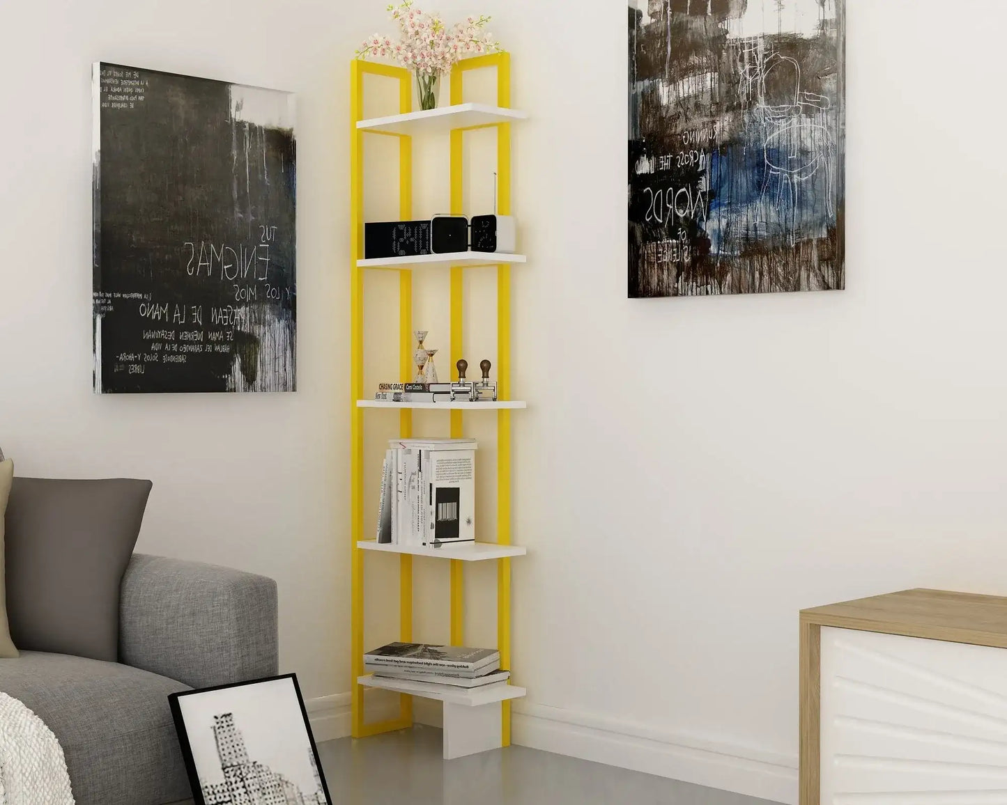 Alice 71" Tall Metal Manufactured Wood Bookcase | Corner Bookcase