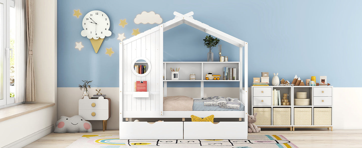 Wooden Twin Size House Bed with 2 Drawers,Kids Bed with Storage Shelf, White(Old SKU: HL000051AAK)
