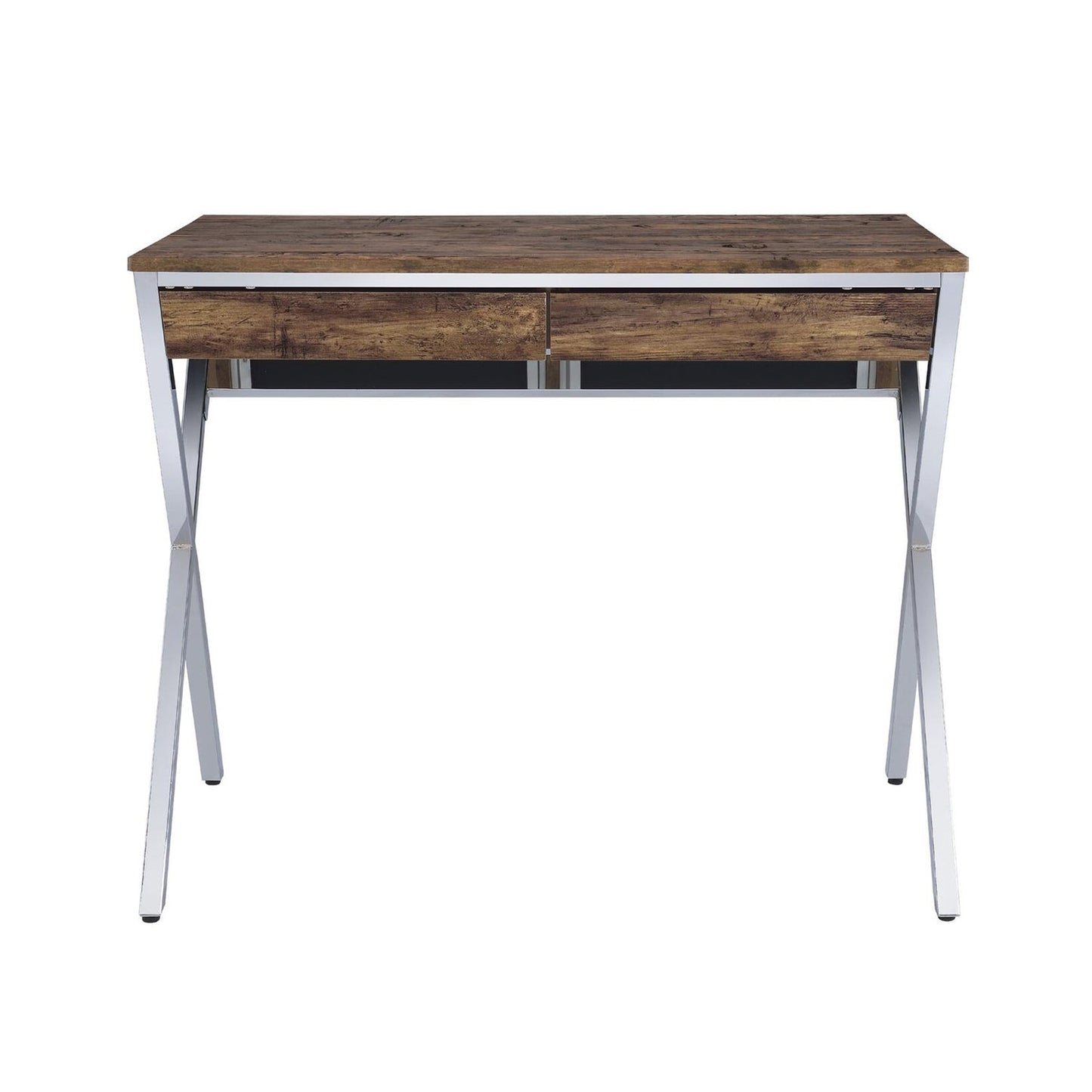 Rectangular Writing Desk with 2 Drawers, Weathered Oak and Chrome