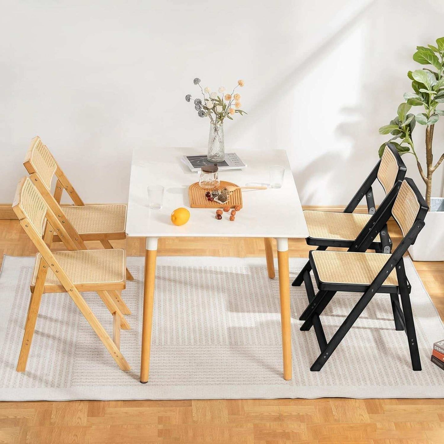 Rattan Folding Dining Chairs Set Of 2 Black Mid Century