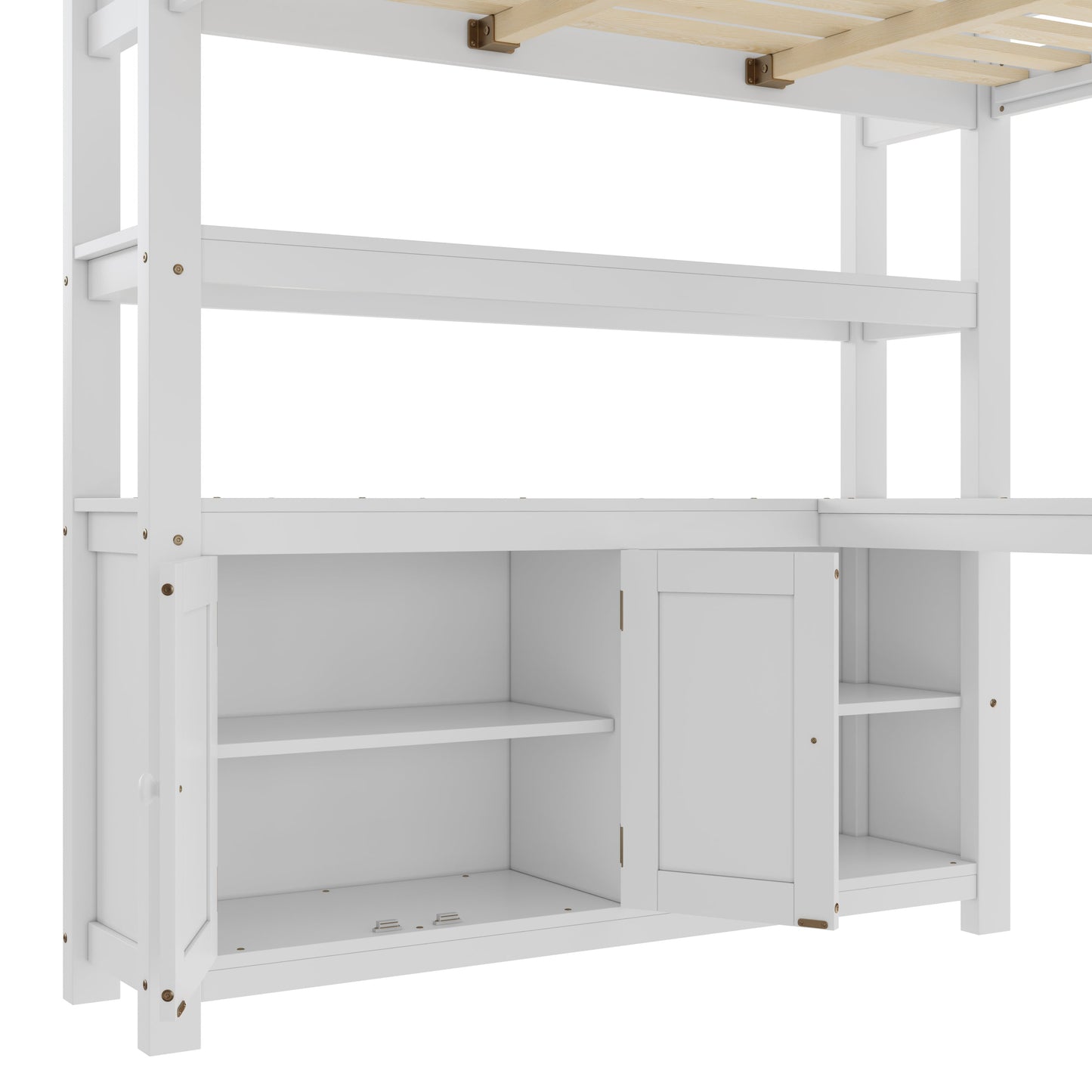 Wood Loft Bed with Cabinet and Bookshelf, Queen Size Loft with Wardrobe and Desk for Kids,White