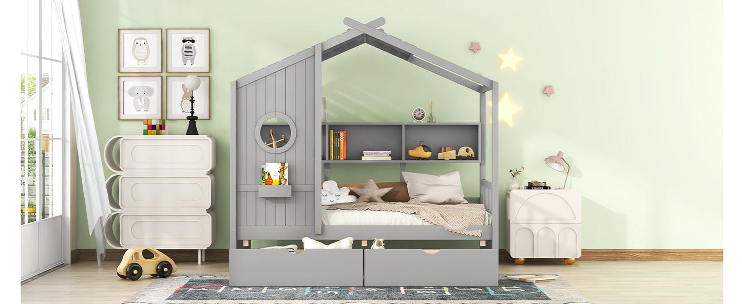 Wooden Twin Size House Bed with 2 Drawers,Kids Bed with Storage Shelf, Gray(Old SKU: HL000051AAE)
