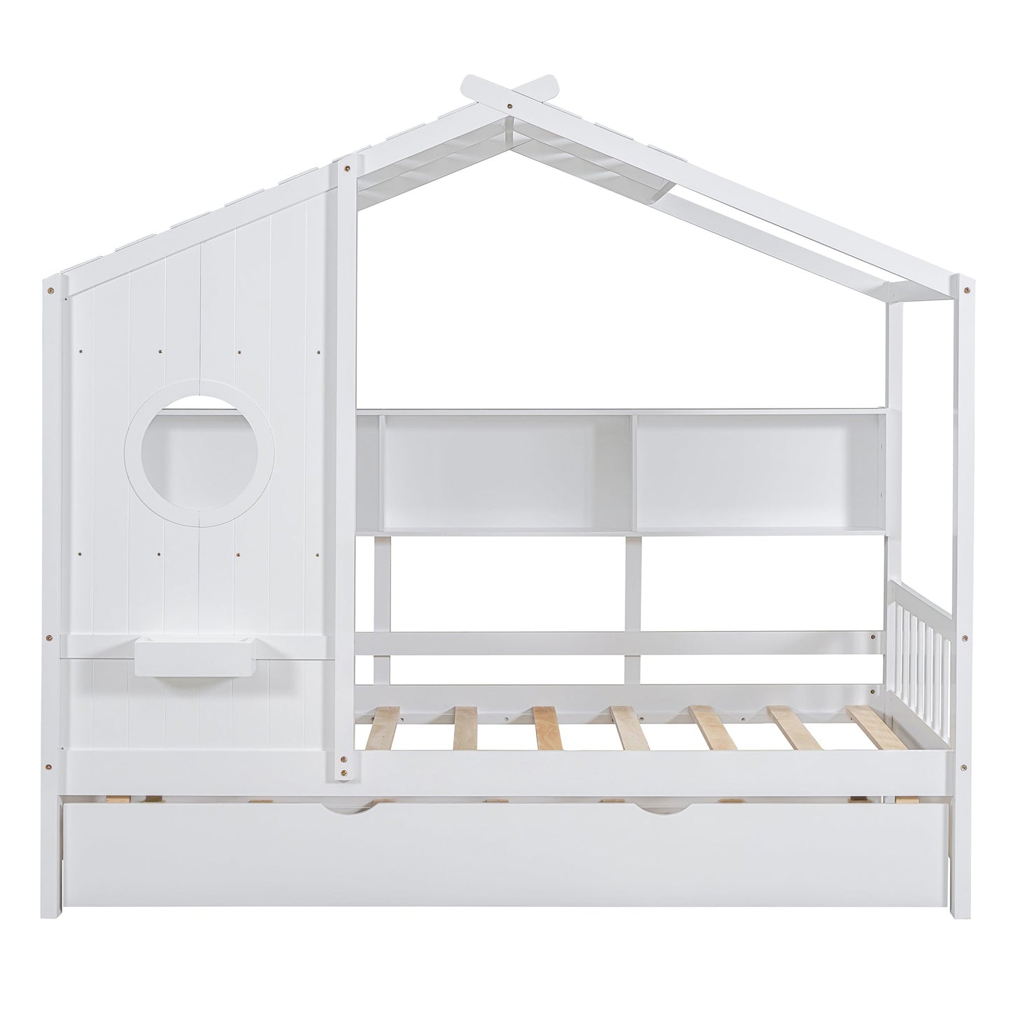Wooden Twin Size House Bed With Trundle, Modern Design for Kids with Storage Shlef, White(old SKU HL000094AAK)