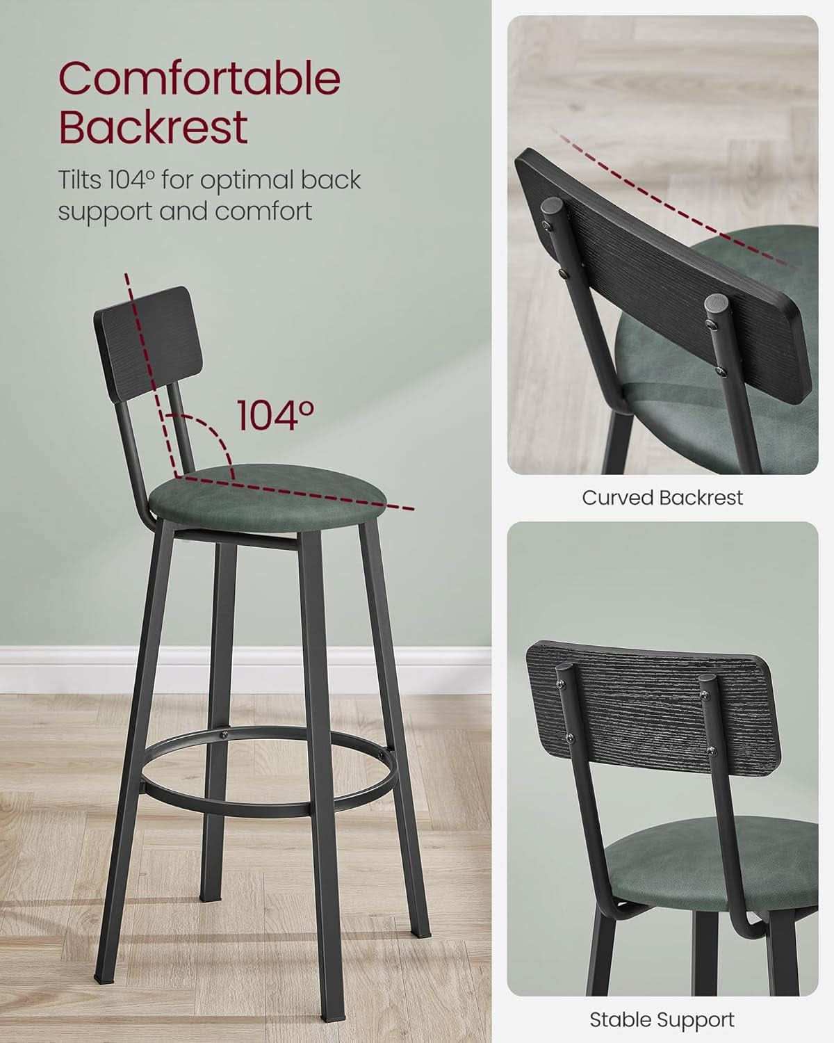 29.7 Inch PU Bar Stools Set Of 2 With Backrest And Footrest