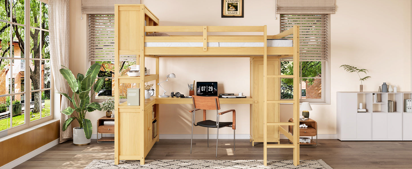 Wood Loft Bed with Cabinet and Bookshelf, Queen Size Loft with Wardrobe and Desk for Kids,Natural