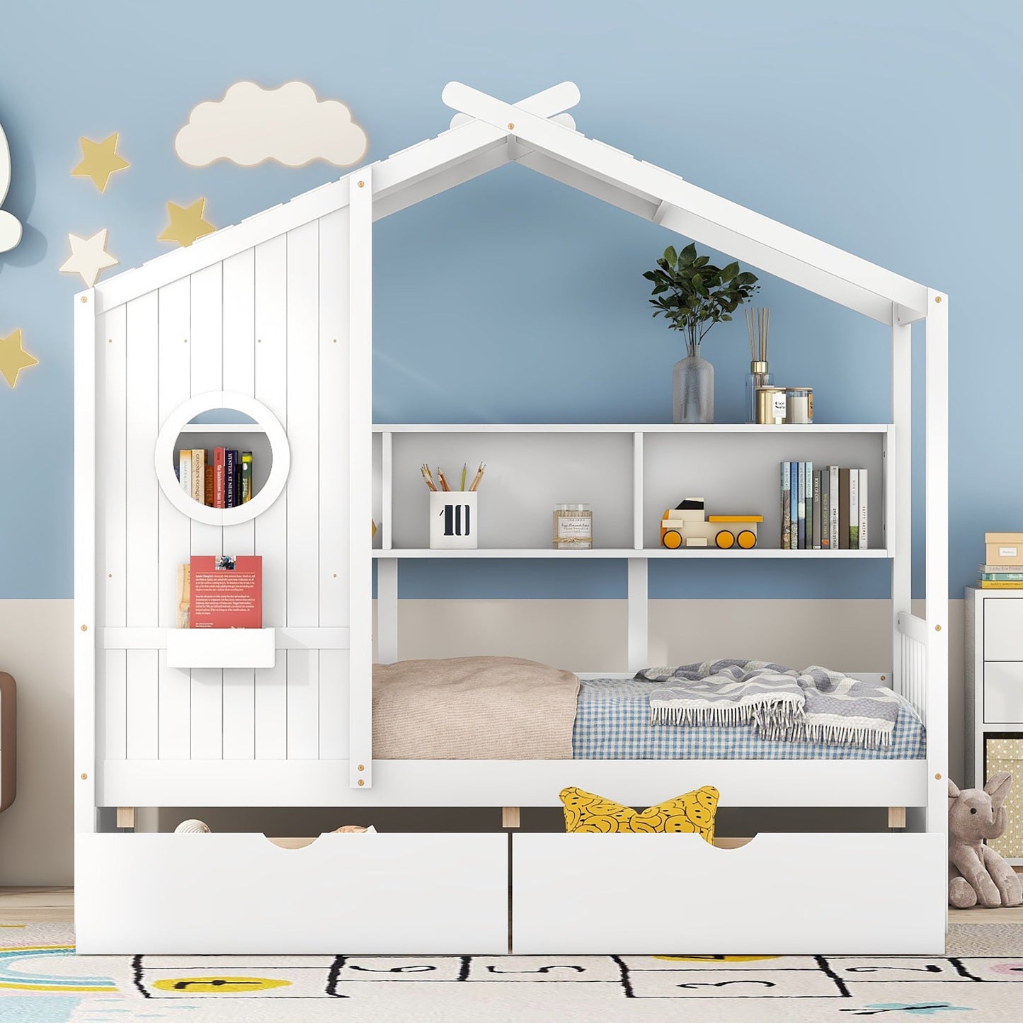Wooden Twin Size House Bed with 2 Drawers,Kids Bed with Storage Shelf, White(Old SKU: HL000051AAK)