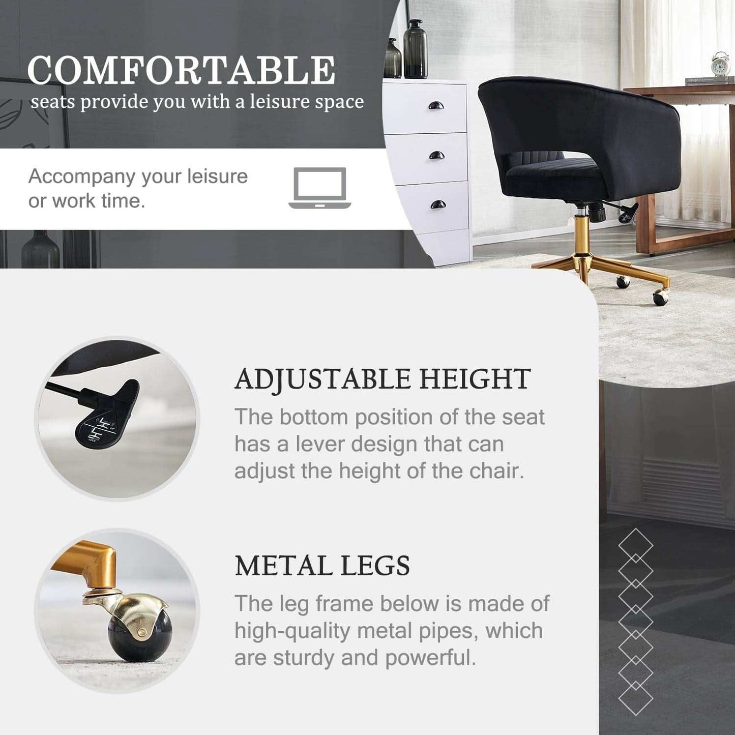 Velvet Home Office Chair 360 Degree Swivel Black Lux Velvet