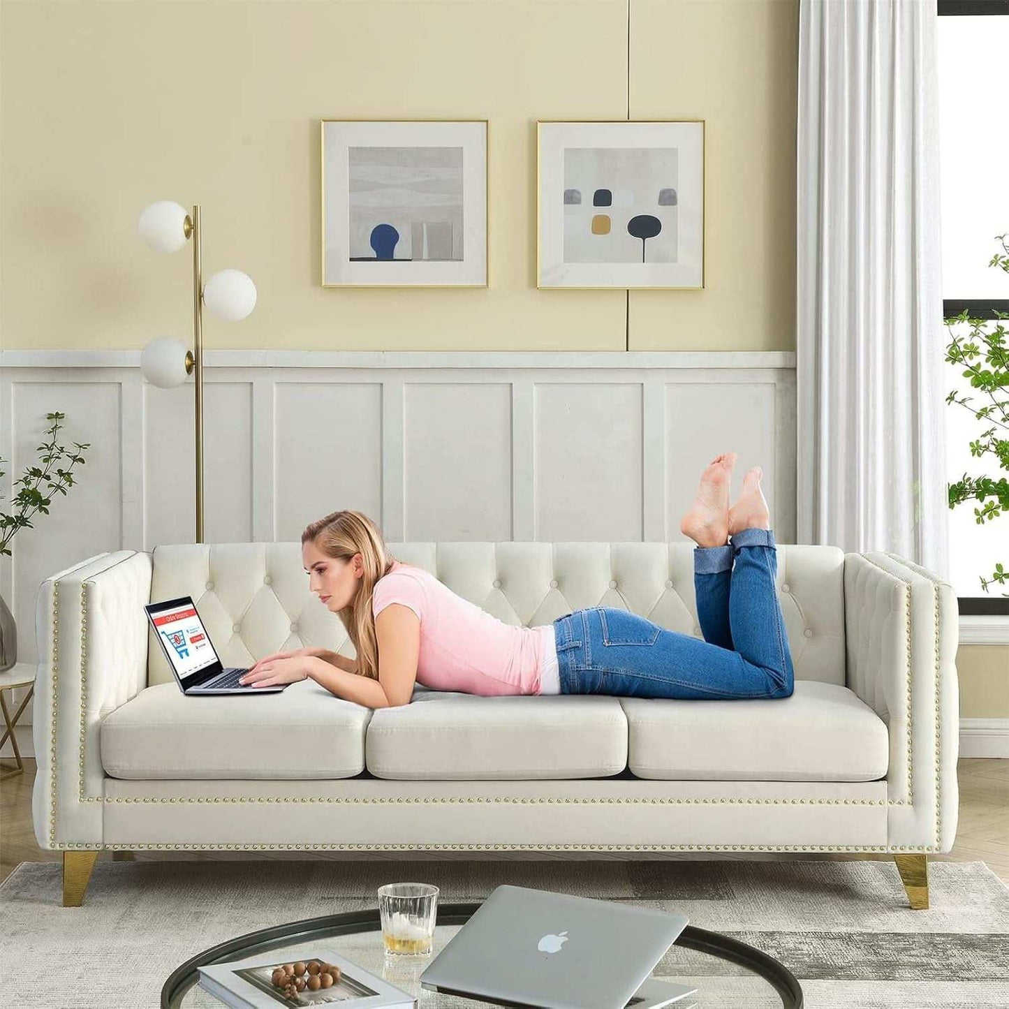 Velvet Beige 80-Inch Sofa Set With 58-Inch Loveseat And Gold Nail Heads