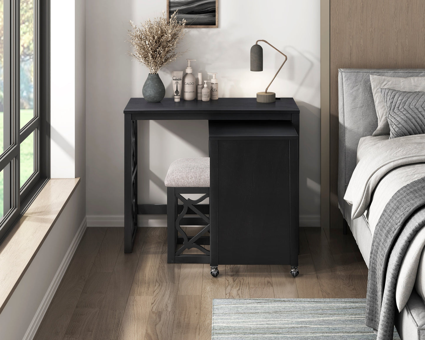 Desks and Stool Set 3pc Black Finish Rolling Desk with Casters, 2 Charging ports Home Office Furniture