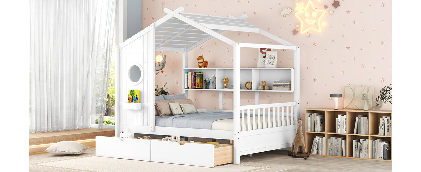 Wooden Full Size House Bed with 2 Drawers,Kids Bed with Storage Shelf, White(Old SKU: HL000052AAK)