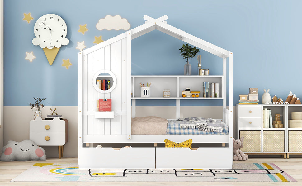 Wooden Twin Size House Bed with 2 Drawers,Kids Bed with Storage Shelf, White(Old SKU: HL000051AAK)