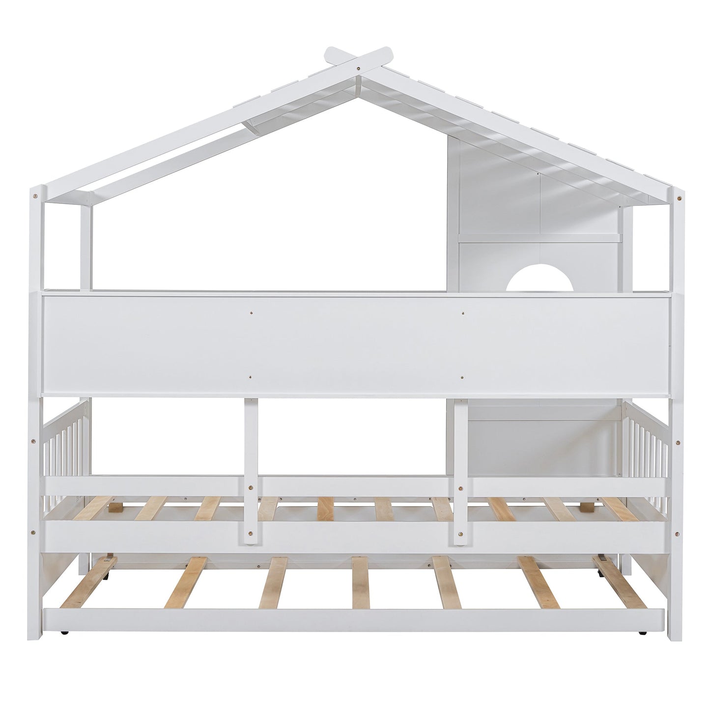 Wooden Twin Size House Bed With Trundle, Modern Design for Kids with Storage Shlef, White(old SKU HL000094AAK)
