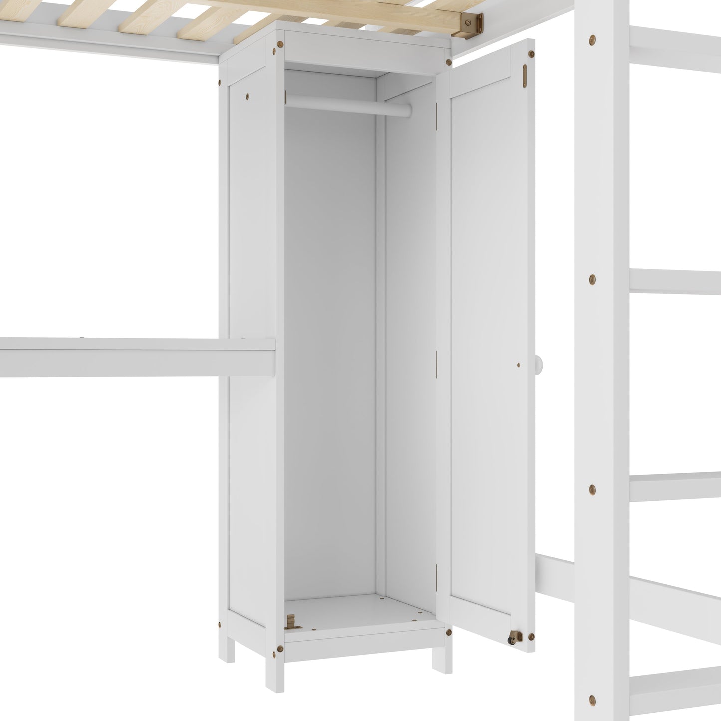 Wood Loft Bed with Cabinet and Bookshelf, Queen Size Loft with Wardrobe and Desk for Kids,White
