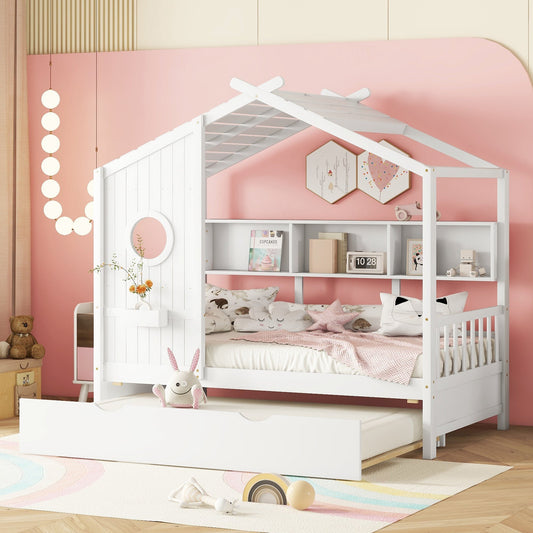 Wooden Twin Size House Bed With Trundle, Modern Design for Kids with Storage Shlef, White(old SKU HL000094AAK)