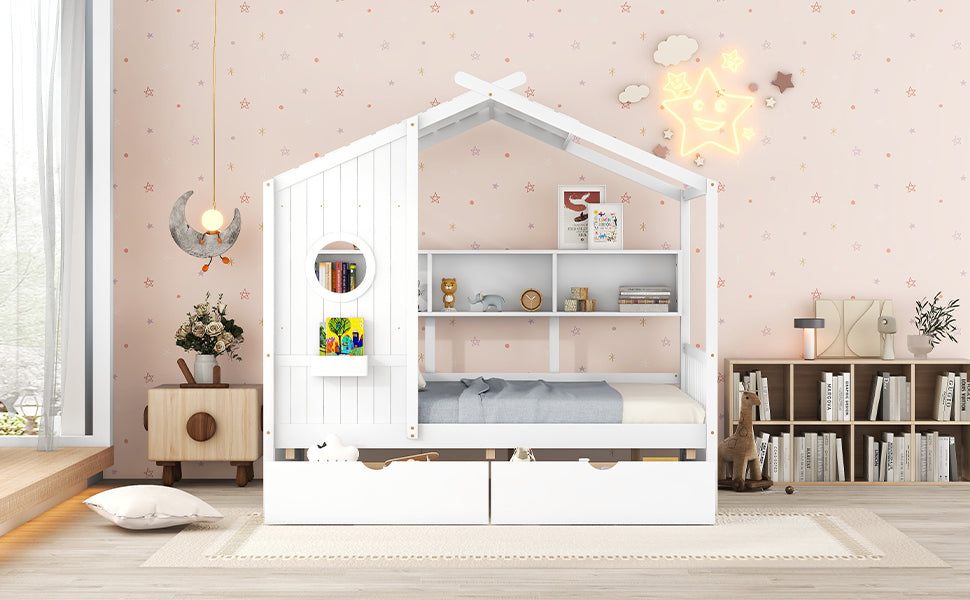 Wooden Full Size House Bed with 2 Drawers,Kids Bed with Storage Shelf, White(Old SKU: HL000052AAK)