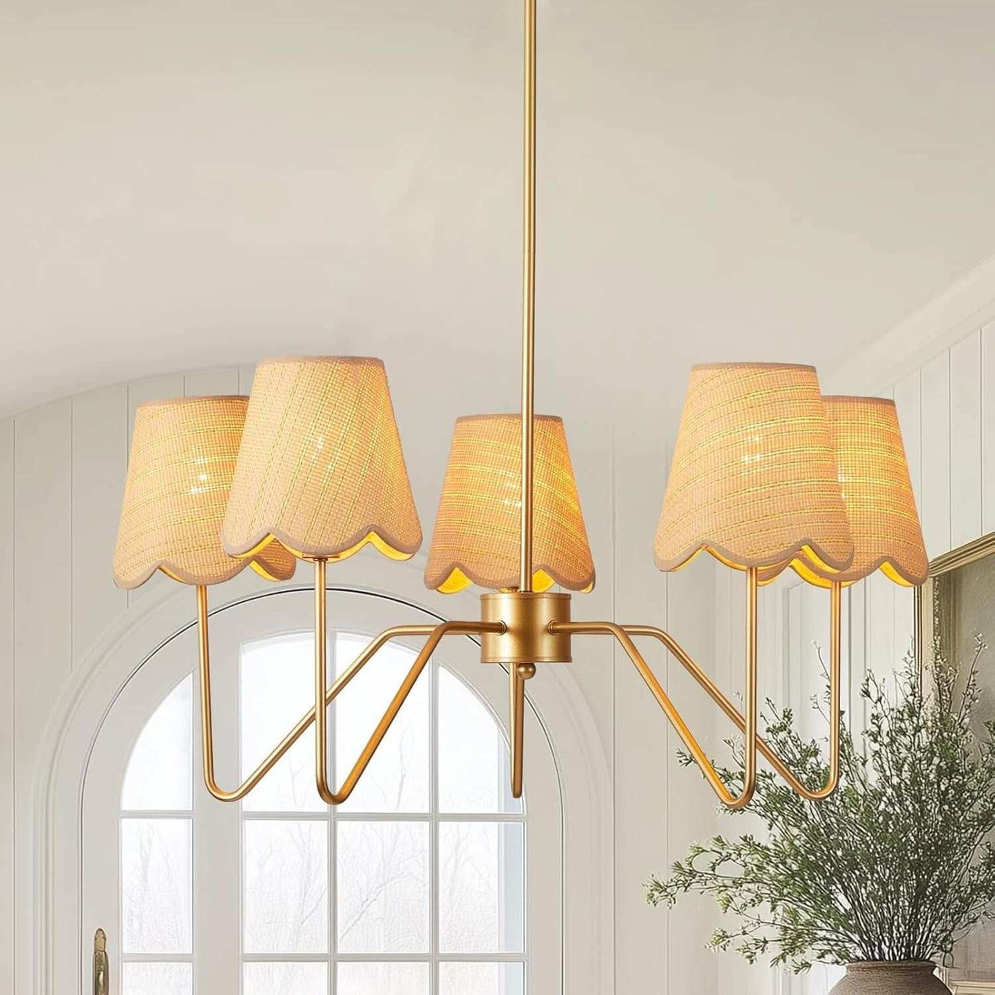28 Inch Rattan Chandelier Antique Brass Five Light Pendant With Flower Shade Lamps