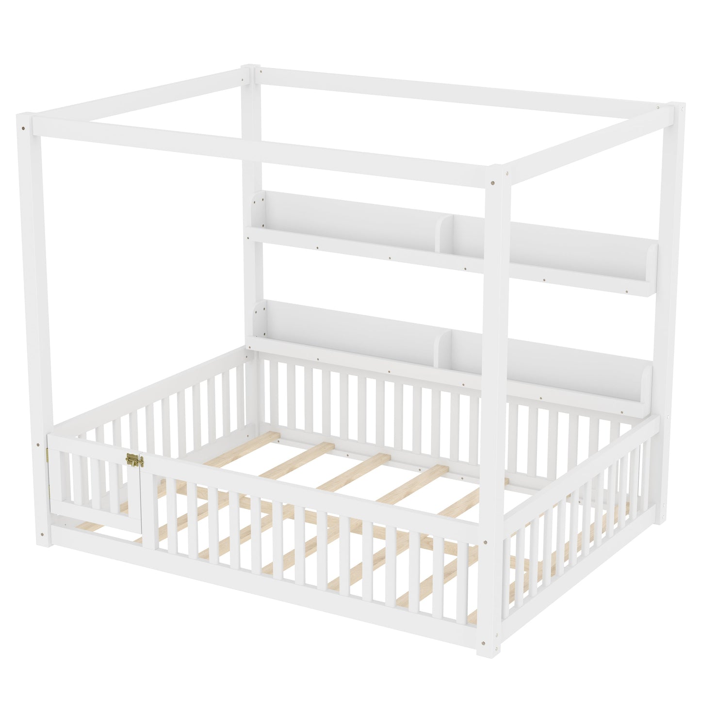Full Size Canopy Bed with Guardrails, Solid Wood Floor Bed with Shelves, Montessori Floor Bed Frame for Kids, Boys, Girls, No Spring Box Needed, White