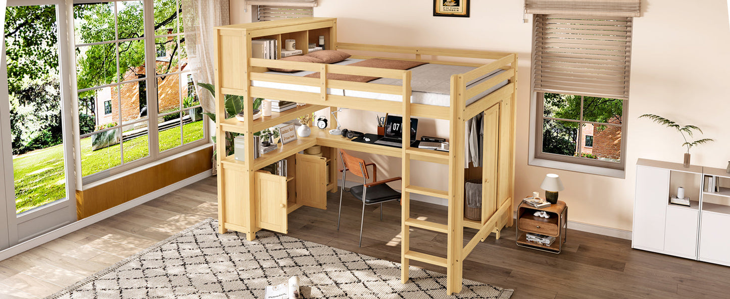 Wood Loft Bed with Cabinet and Bookshelf, Queen Size Loft with Wardrobe and Desk for Kids,Natural