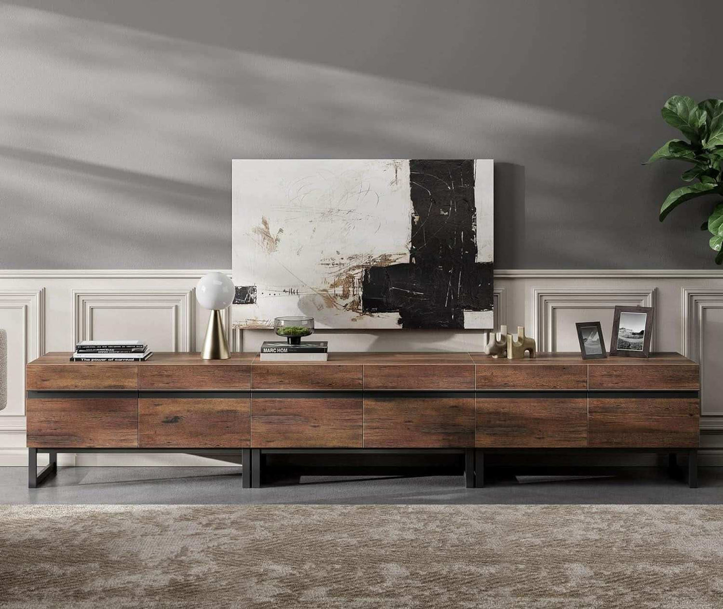 3 In 1 Modern TV Stand For TVs Up To 110 Inches With Storage Cabinets And Metal Base Walnut Brown