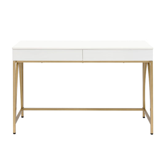 2 Drawers Writing Desk with Metal Trestle Base, White High Gloss and Gold