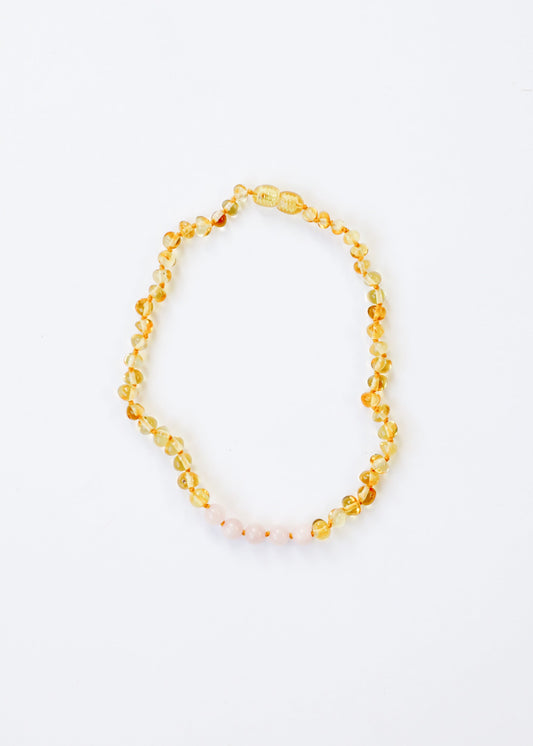 Polished Honey Baltic Amber + Rose Quartz || Necklace