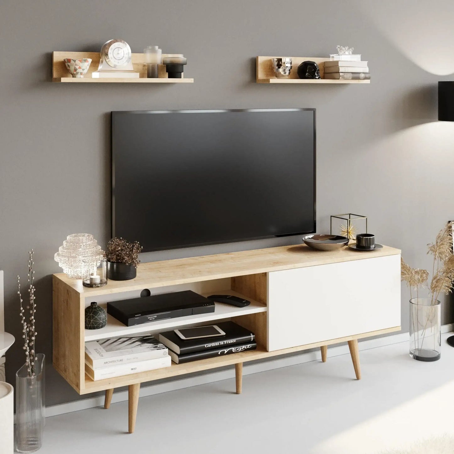 Pi 63" Wide TV Stand with Wall Shelves for TVs up to 72"