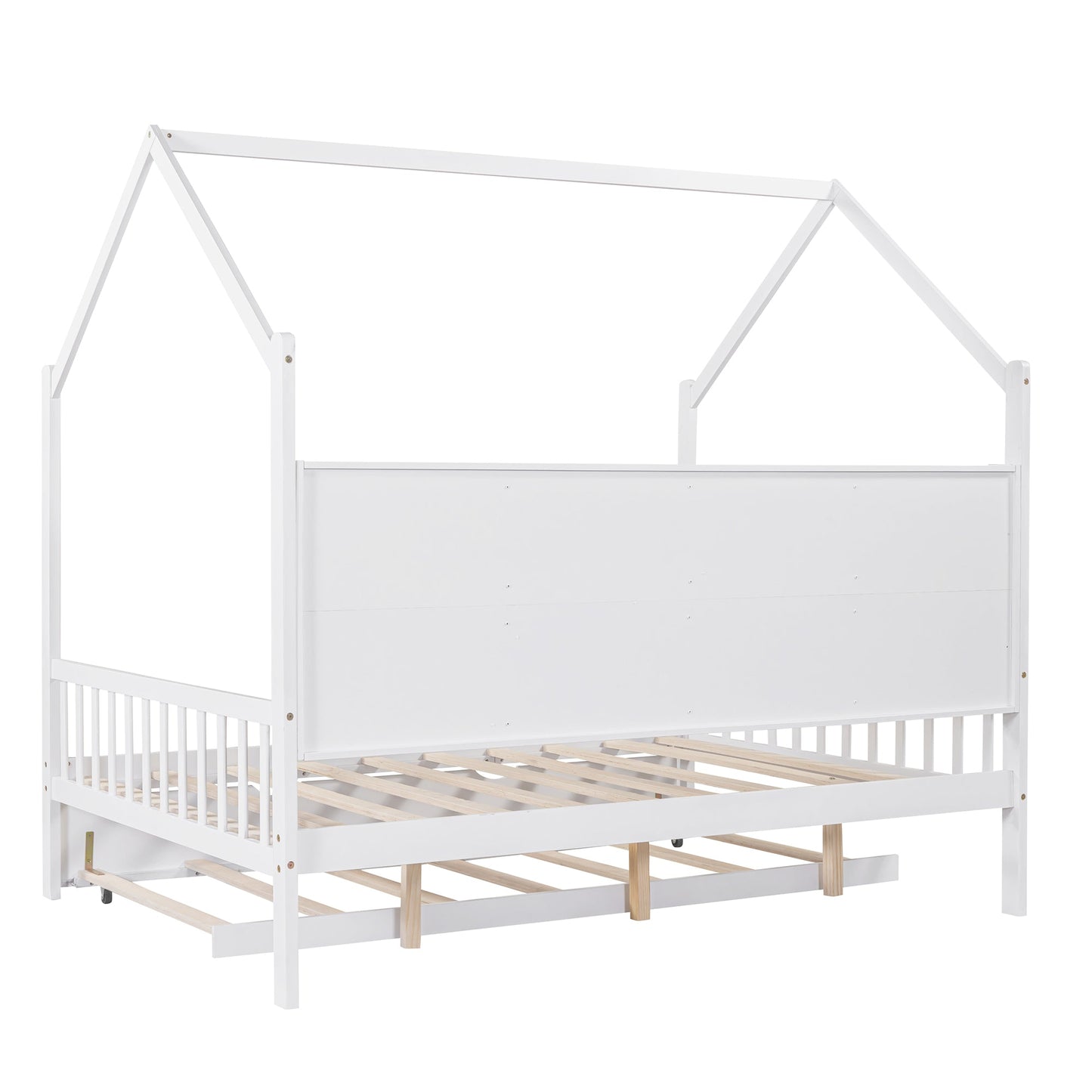 Wooden Full Size House Bed with Trundle,Kids Bed with Shelf, White (Old SKU: WF297070AAK)