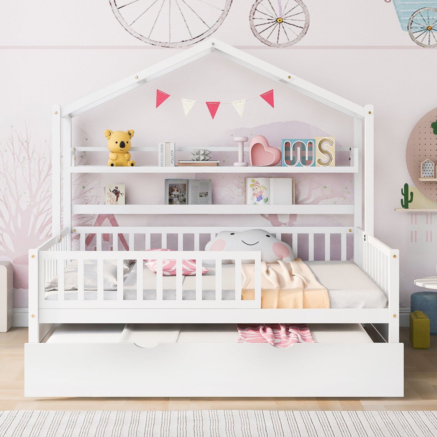 Wooden Full Size House Bed with Twin Size Trundle,Kids Bed with Shelf, White(Old SKU:WF301683AAK)
