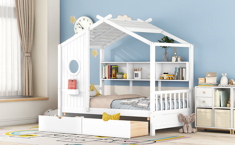 Wooden Twin Size House Bed with 2 Drawers,Kids Bed with Storage Shelf, White(Old SKU: HL000051AAK)